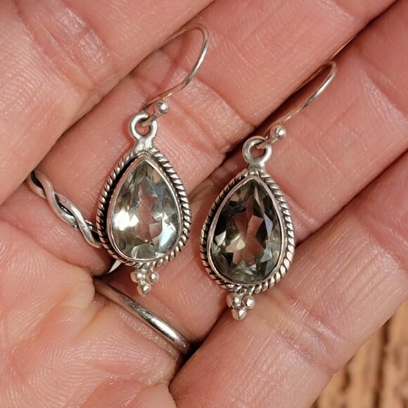 Prasiolite teardrop 925 sterling silver dangle earrings - Picture 11 of 16